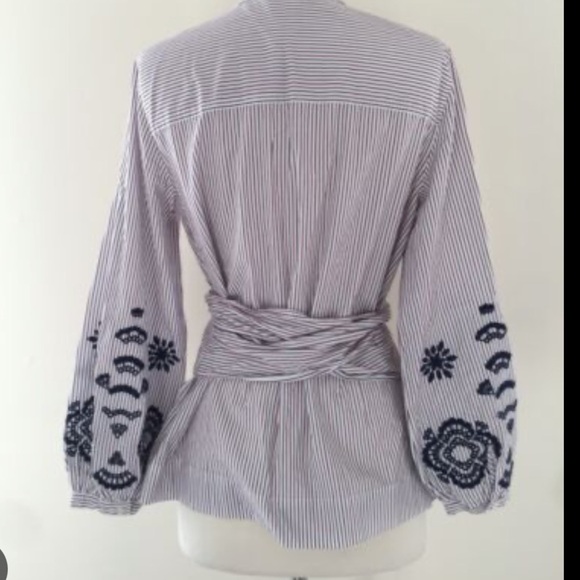 J Crew Preppy Embroidered Sleeves waist bow tie striped Poplin Shirt blouse Sz S - Picture 2 of 6
